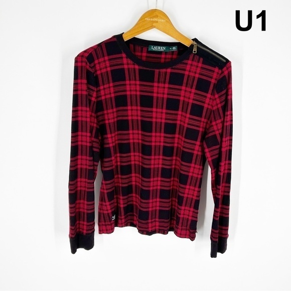 Lauren Ralph Lauren red black plaid elbow patch sweater sz L - Picture 1 of 4